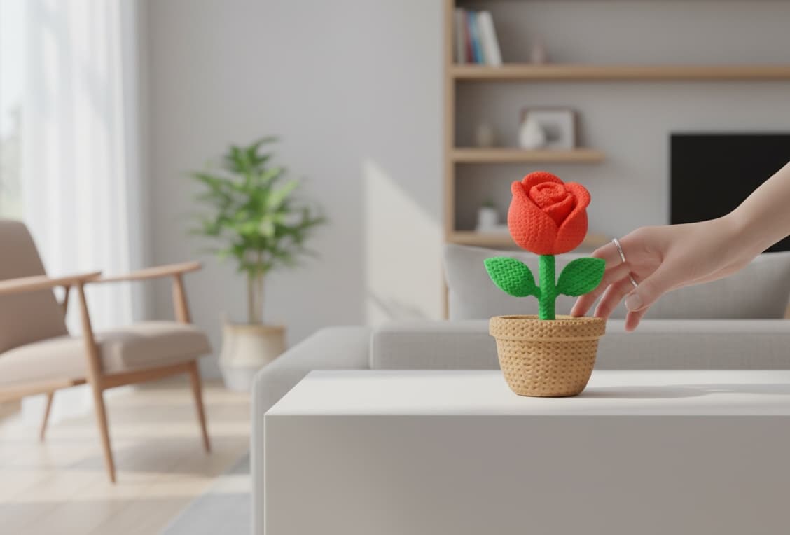 Saksıda Gül Figürü — Örgü Dokulu 3D Baskı Dekoratif Çiçek
